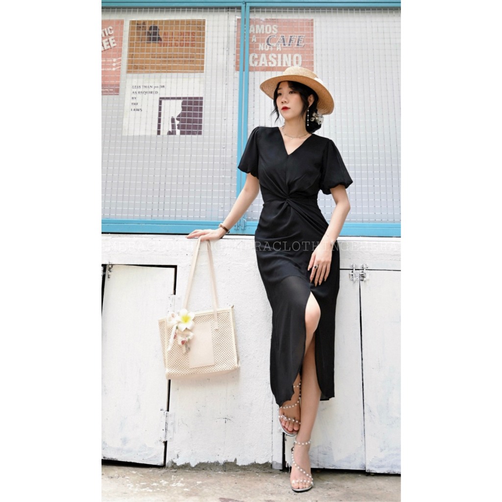 Đầm Roise tone đen tôn da sang trọng quý phái chất chiffon mềm nhẹ bay bổng Emera