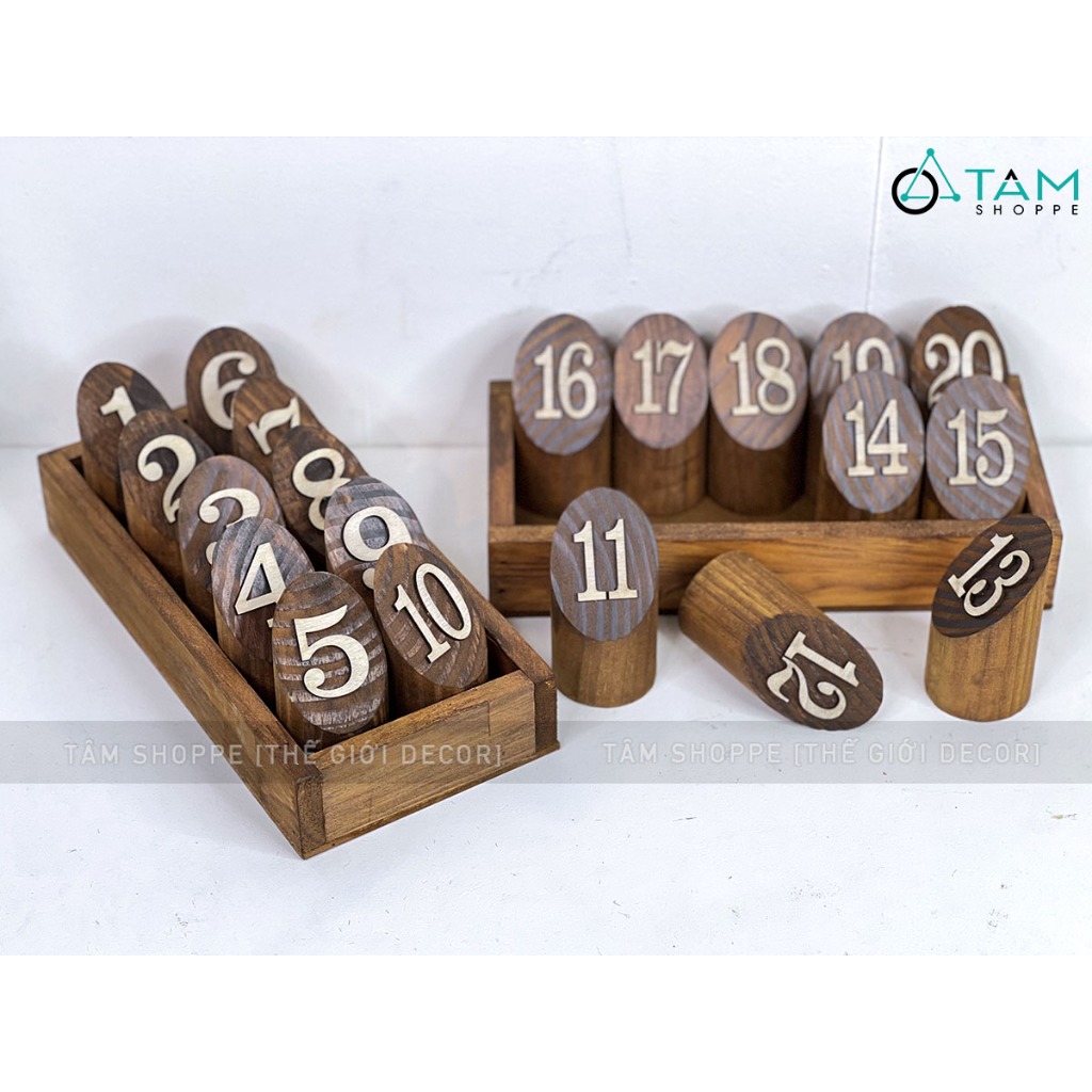 Bộ thẻ số để bàn quán cafe bằng gỗ trụ tròn [Tặng khay - Đều đẹp] SO-GO-01 TAN