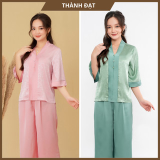 Đồ Lam Đi Chùa, Bộ Đi Chùa  Lụa Chui 3 Nút Vải Lụa Gấm Vân Đá Cao Cấp, Mềm Mịn, Mặc Duyên Dáng Trẻ Trung Kin Đáo_BLC3N