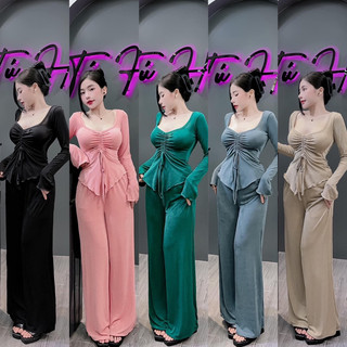 GT35- Sét bộ nữ, sét bộ dài, áo tay loe, rút ngực, xẻ tà, quần suông dài