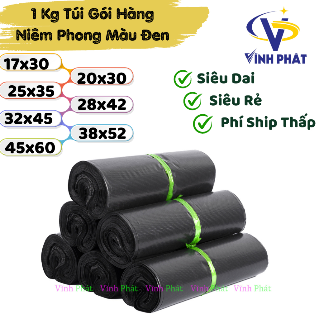1Kg Túi niêm phong, túi gói hàng  màu đen siêu dai, siêu bóng cực xinh đủ các size