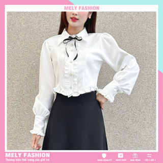 Áo sơ mi kiểu croptop nữ dài tay bồng tiểu thư cổ bèo vạt nhọn cúc ngọc cài hoa đá sang chảnh 2 màu trắng kem ASM32