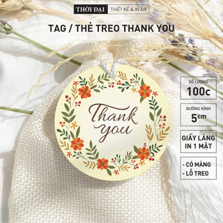 100c - Tag treo / Thẻ treo giấy "Thank You" viền vòng hoa cam (tròn 5cm)