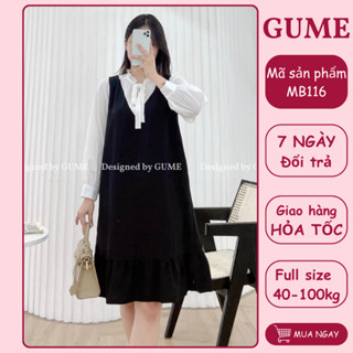  Váy bầu  bigsize - Đầm bầu GuMe màu đen dáng đuôi cá nhẹ phối trắng giả yếm vải sạn lụa 40-120KG-MB116 