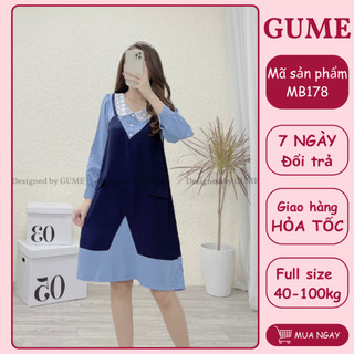 Váy bầu thu đông bigsize 40-130kg Đầm bầu thiết kế GuMe GIẢ YẾM XANH THAN PHỐI CỔ TRẮNG REN chất vải sạn lụa mềm MB178