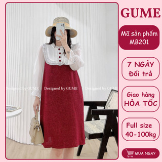 Váy bầu bigsize 40-130kg Đầm bầu GuMe dạ tăm phối organza trắng, may 2 lớp, cổ bèo đính cúc ngọc MB201
