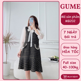 Váy bầu thu đông bigsize 40-130kg - Đầm bầu thiết kế GuMe dạ tweed 2 lớp màu ĐEN đuôi cá, tay, cổ nơ organza- MB202