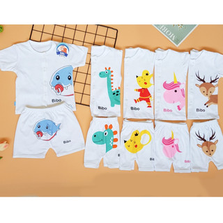 (4-10kg) BỘ QUẦN ÁO COTTON NGẮN TAY TRẮNG IN HÌNH CHO BÉ SƠ SINH - BIBO KIM THU (katydang)