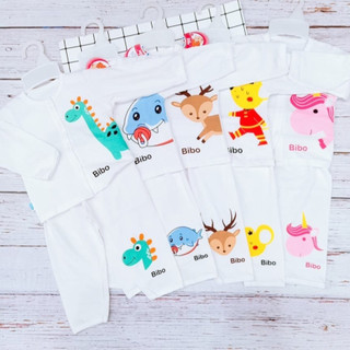 (3-10kg) BỘ QUẦN ÁO COTTON DÀI TAY TRẮNG IN HÌNH CHO BÉ - BIBO KIM THU (katydang)