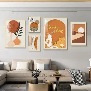T48 Bộ 5 Tranh Treo Tường Phòng Khách/ Ăn/ Ngủ/ Phòng cưới Vintage Bắc Âu hình Thiên Nga/ Mèo Hoa Decor Tráng Gương