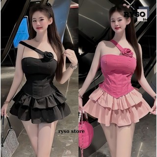 Set Bộ Áo Yếm Đính Hoa Chéo Cổ Croptop Vạt Nhọn + Chân Váy 2 Tầng Có Lót Quần RYSO