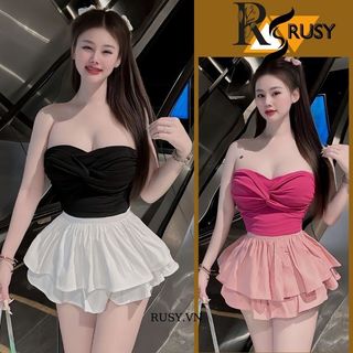 Set Bộ Áo Hai Dây Tăm Lạnh Đính Hoa + Chân Váy Bí Xoè Phồng 2 Lớp RUSY