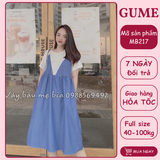 Đầm Bầu Công Sở - Váy Bầu GUME màu xanh giả bò phối giả yếm trắng tay cộc chất vải thô cotton mềm- ảnh thật  MB217