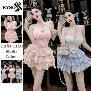 Set Bộ Áo Ống Cúc Kim Loại Vạt Nhọn Croptop + Chân Váy Tầng Sọc Xoè Có Lót Quần RYSO FASHION