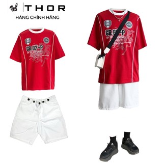 Set unisex THOR gồm áo thun DEFEN đỏ và quần short nhung tăm trắng bộ đồ áo phông quần đủi chất lượng cao cấp