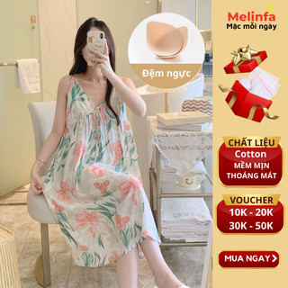 Váy ngủ hai dây nữ có đệm ngực chất vải Cotton lụa tự nhiên thoáng mát , đầm mặc nhà nữ cổ V dáng chữ A  mã VAV0515