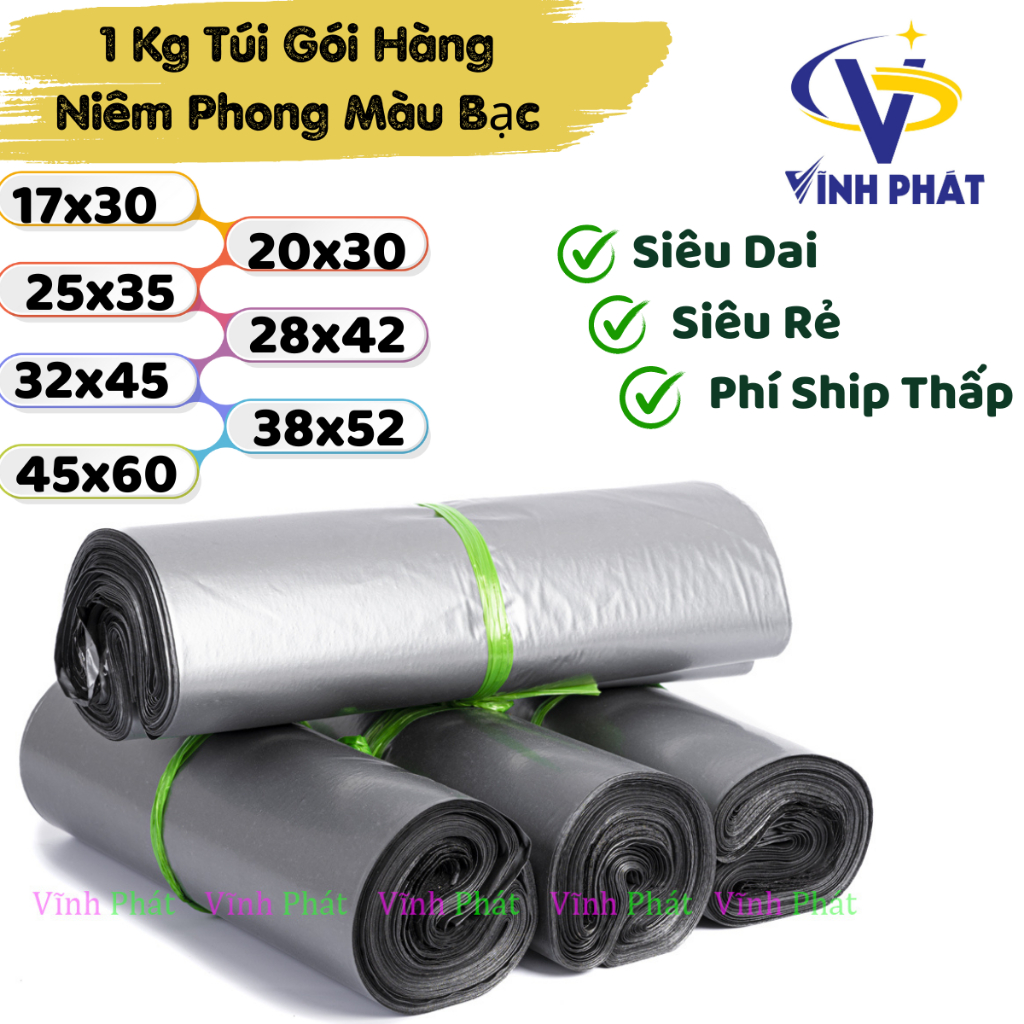 1Kg Túi niêm phong, túi gói hàng 3 lớp màu Bạc siêu dai, siêu bóng cực xinh đủ các size