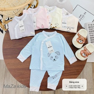 Bộ Quần Áo Dài Tay Vải Petit Thun Lạnh MazaKids Cúc Bấm Cài Chéo Nền Màu In Hình Ngộ Nghĩnh, Mềm Mại Co Giãn Cho Bé 3-9k