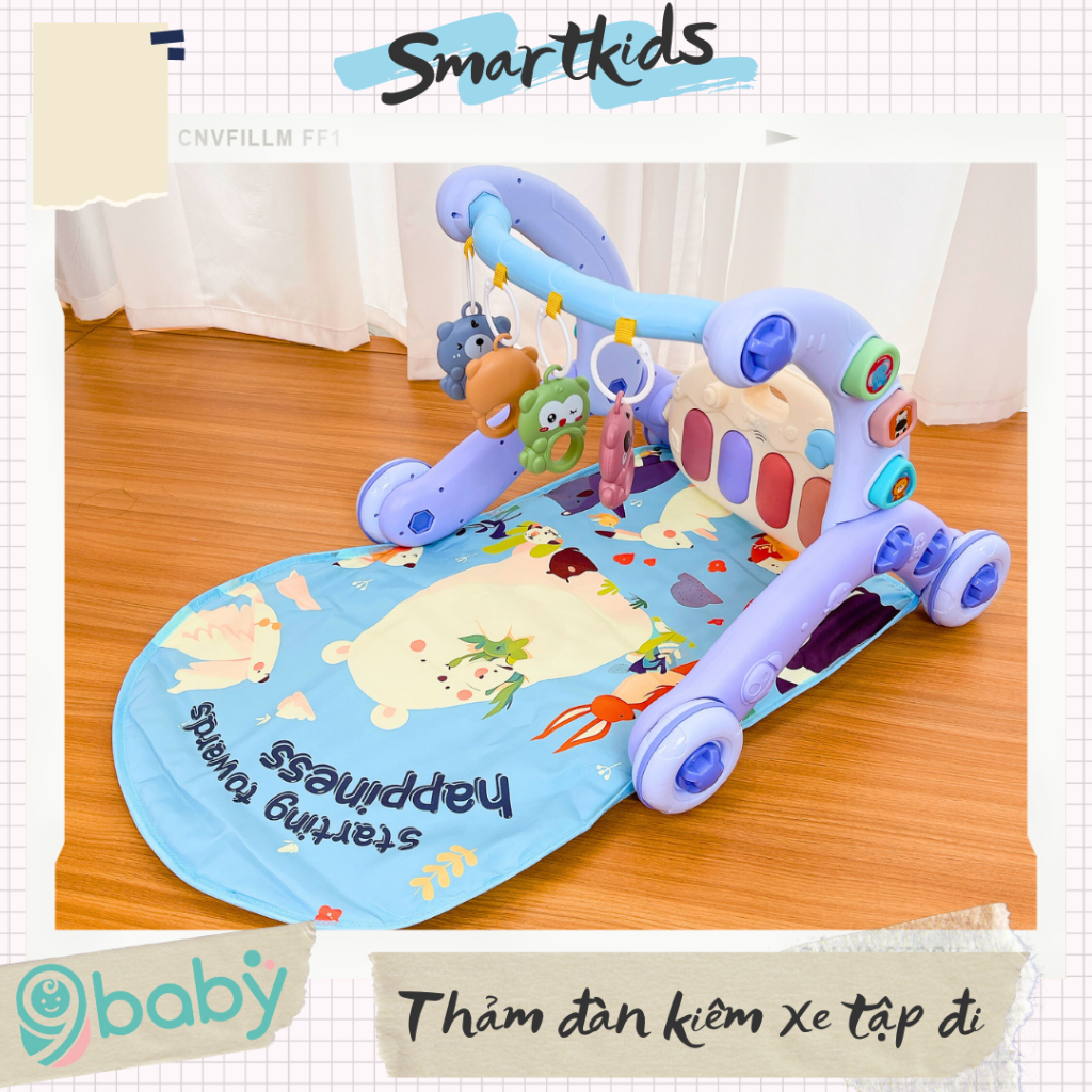 Thảm nhạc đa năng 9BABY kiêm xe tập đi có đèn cho bé hình gấu xanh