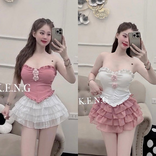 Set áo quây đính hoa vạt nhọn phối chân váy tơ