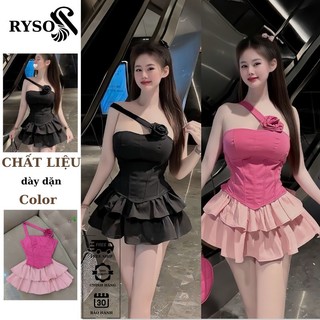 Set Bộ Áo Yếm Đính Hoa Chéo Cổ Croptop Vạt Nhọn + Chân Váy 2 Tầng Có Lót Quần RYSO FASHION