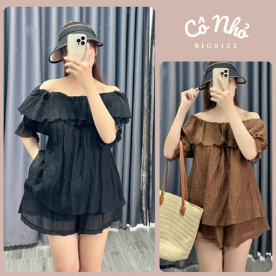 Set Đồ Nữ Bigsize Áo Bẹt Vai Tay Phồng Kèm Quần Đùi Lưng Chun Mùa Hè Đi Biển Vải Đũi Tơ SET820