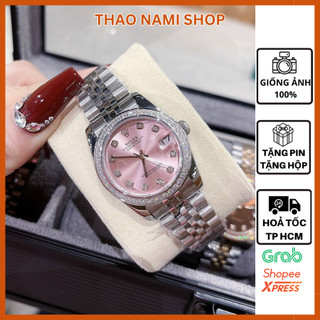 Đồng hồ rolex nữ dây kim loại, đồng hồ rolex nữ mặt hồng viền đá khóa gập tiện lợi - ThaoNami