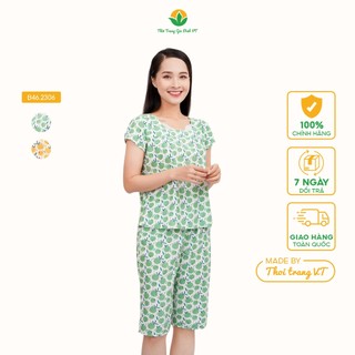 Bộ mặc nhà nữ thời trang gia đình VT  quần lửng áo cộc tay cổ phối ren chất Cotton  - B46.2306