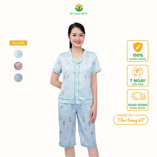 Bộ lụa nữ việt thắng, quần lửng, áo cộc tay in hình - b46.2308