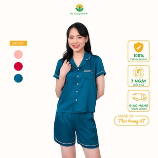 Bộ đồ pijama lụa mặc nhà mùa hè nữ Việt Thắng, quần đùi, áo cộc tay thêu túi - B43.2301