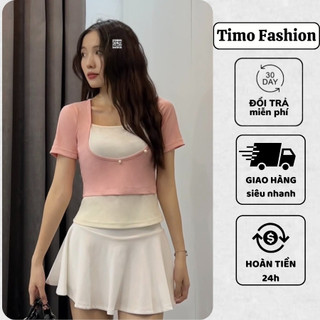 Áo thun nữ cổ vuông TIMO, Áo ngắn tay nữ kiểu cách, phối màu dễ thương, form ôm chất thun co giãn, mặc đi chơi, AOT127
