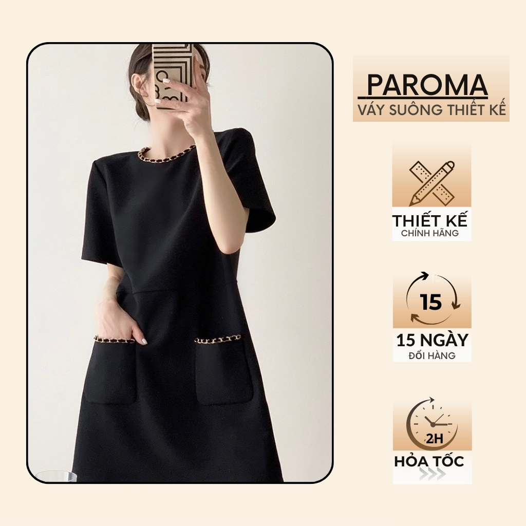 PAROMA-Đầm Đen Sang Chảnh Váy Suông ĐenTrắng Đầm Bigsize Che Bụng Đính Xích Có Túi D054