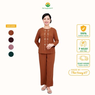 Bộ đồ trung niên mặc nhà chất lanh Việt Thắng, quần dài, áo dài tay thêu dọc nẹp B30.2308