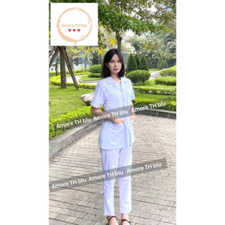  Áo Blue Blouse trắng Dáng Ngắn Ngang Đùi - Nam Nữ - Cộc Tay Vải cotton Dành Cho Y Tá Dược Sĩ Điều Dưỡng 