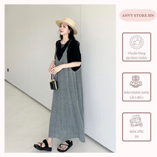 Váy yếm liền vải dập lưới kim tuyến áo phông đen Anvystore1402