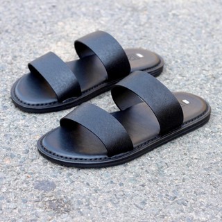 Dép nam sandal 2 quai ngang da bò trơn lịch sự - Dép da nam cao cấp - Dép da RL - BH 6 tháng