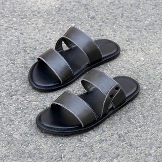 Dép nam sandal 2 quai ngang da bò thời trang màu xám chì