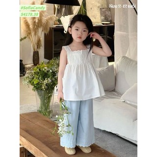  Set áo baby doll tiểu thư quần suông phối ren cho bé gái mặc mùa hè 