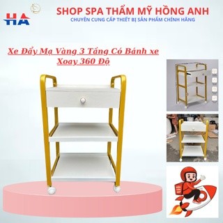 Xe Đẩy Gỗ 3 Tầng Khung Thép Ngăn Kéo Gỗ, Xe Đẩy Gỗ Spa Khung Mạ Vàng Chắc Chắn, Dùng Cho Spa Thẩm Mỹ