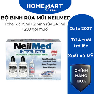 HỘP MUỐI RỬA MŨI NEILMED CHÍNH HÃNG MỸ TRỌN BỘ 250 GÓI MUỐI, 2 BÌNH RỬA 240ML, 1 CHAI XỊT MUỐI 75ML DATE 2027