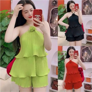 Bộ đùi yếm tầng kate dập ly đính hoa mặc nhà size dưới 55kg