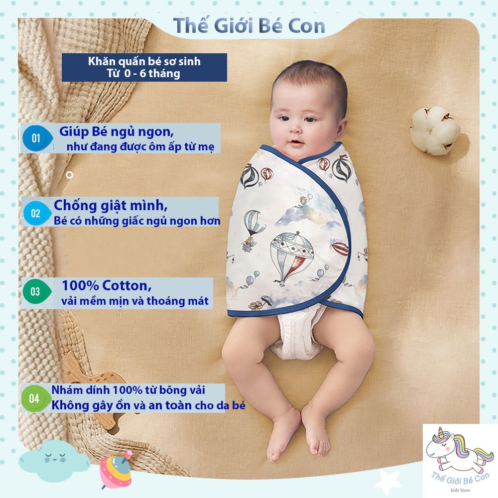 Khăn ủ Quấn tay chống giật mình cho bé sơ sinh, 100% cotton mềm mại, thoáng mát (có ảnh thật)