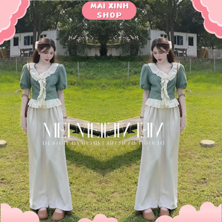 Váy Nữ - Set Đồ Ngọt Ngào Lá Sen Kèm Chân Váy 2 Lớp  Denim Ngắn Tay Áo Đầu Nhẹ Nhàng Tôn Dáng Siêu Dễ Thương