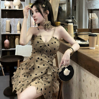 Váy tiểu thư chấm bi kèm hoa cổ sẵn ảnh chụp thật