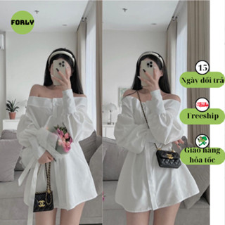 Áo sơ mi trễ vai Forly áo sơ mi tay phồng cổ thuyển tà giấu cúc điệu đà siêu hot 2024 T036