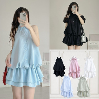 Váy yếm chất thô mềm cổ sơ mi kèm tay rời đi biển siêu xinh, Lipeo.store