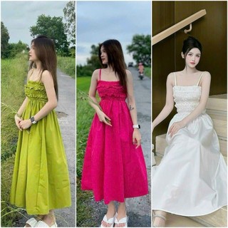 Đầm 2 dây chạy chỉ cột nơ lưng 3 màu y hình, váy nữ freesize 2 dây Như Ý