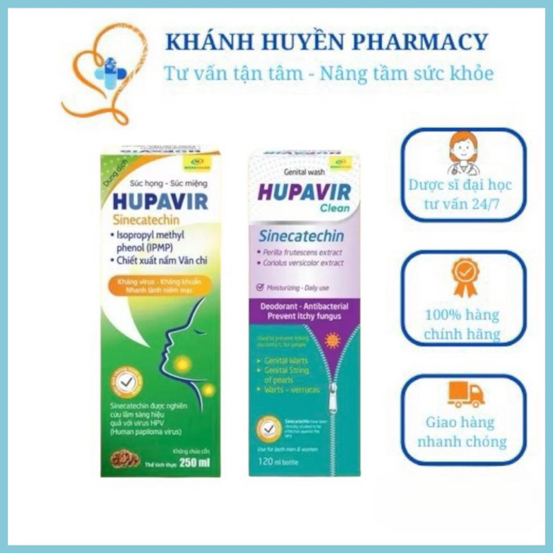 {Che tên} Combo dung dịch vệ sinh Hupavir Clean 120ml, súc miệng súc họng Hupavir 250ml, hỗ trợ sùi mào gà, HPV