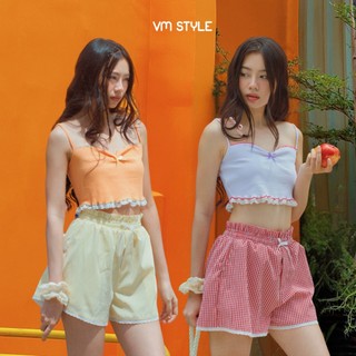 Quần short caro nữ phối nơ VMSTYLE, Quần sooc đùi nữ lưng thun mặc đi biển, đi chơi, mặc nhà VM218 QSU00038
