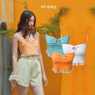 Áo thun 2 dây nữ VMSTYLE croptop viền bèo phối ren nơ ngực nhiều màu đi chơi, đi biển VM220 ATU00800